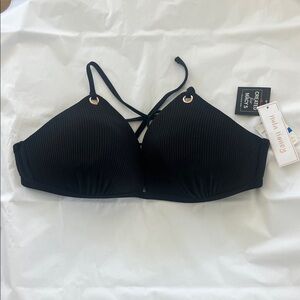 NWT Hula Honey Black Ribbed Strappy Bikini Top with Rose Gold Accents size XL